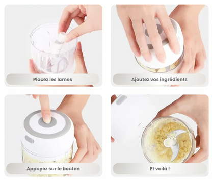 Mini Hachoir Électrique USB – Coupe ail, légumes, viande – Lames Inox